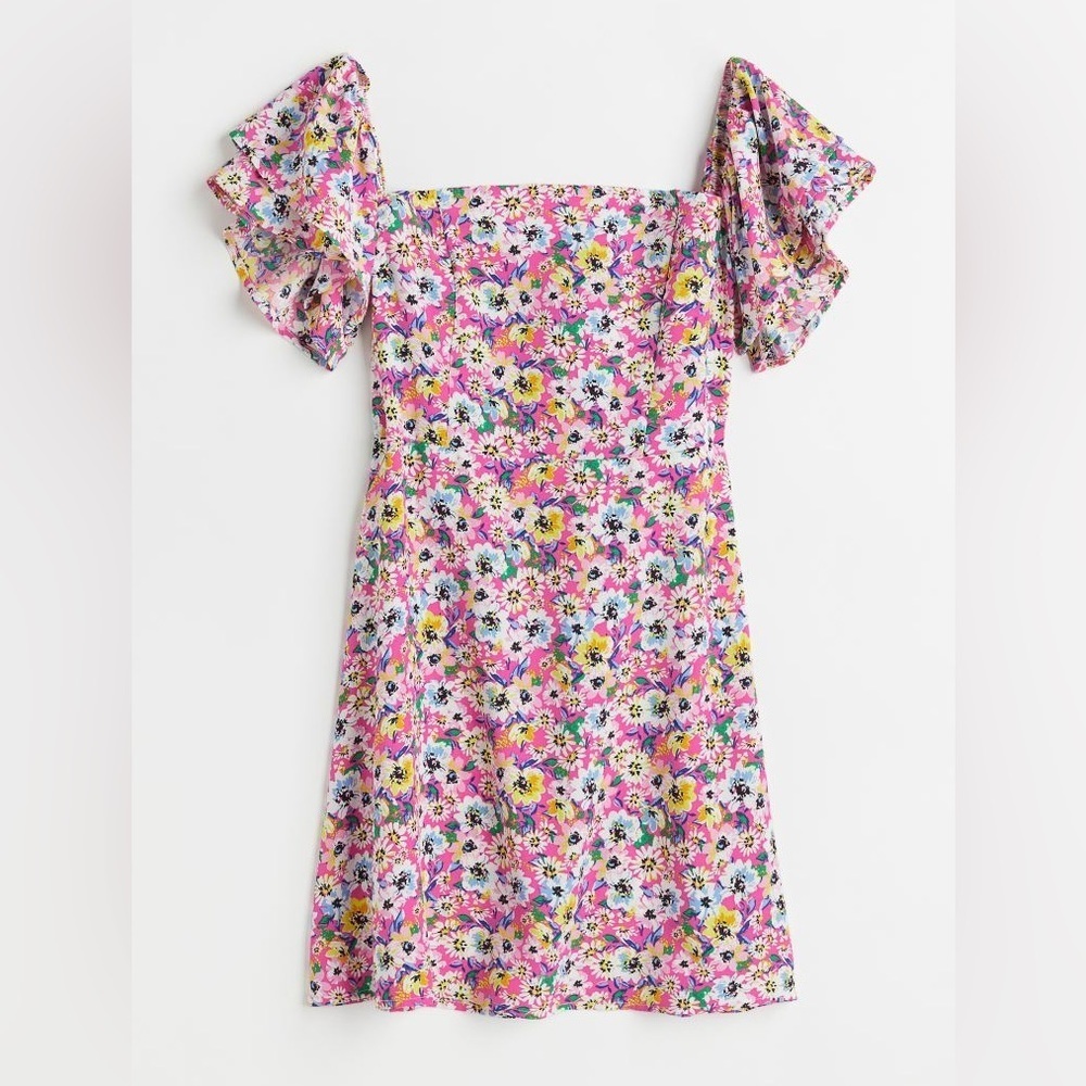 H&M shoulders off smock back mini dress floral pink Sz M *see measurements